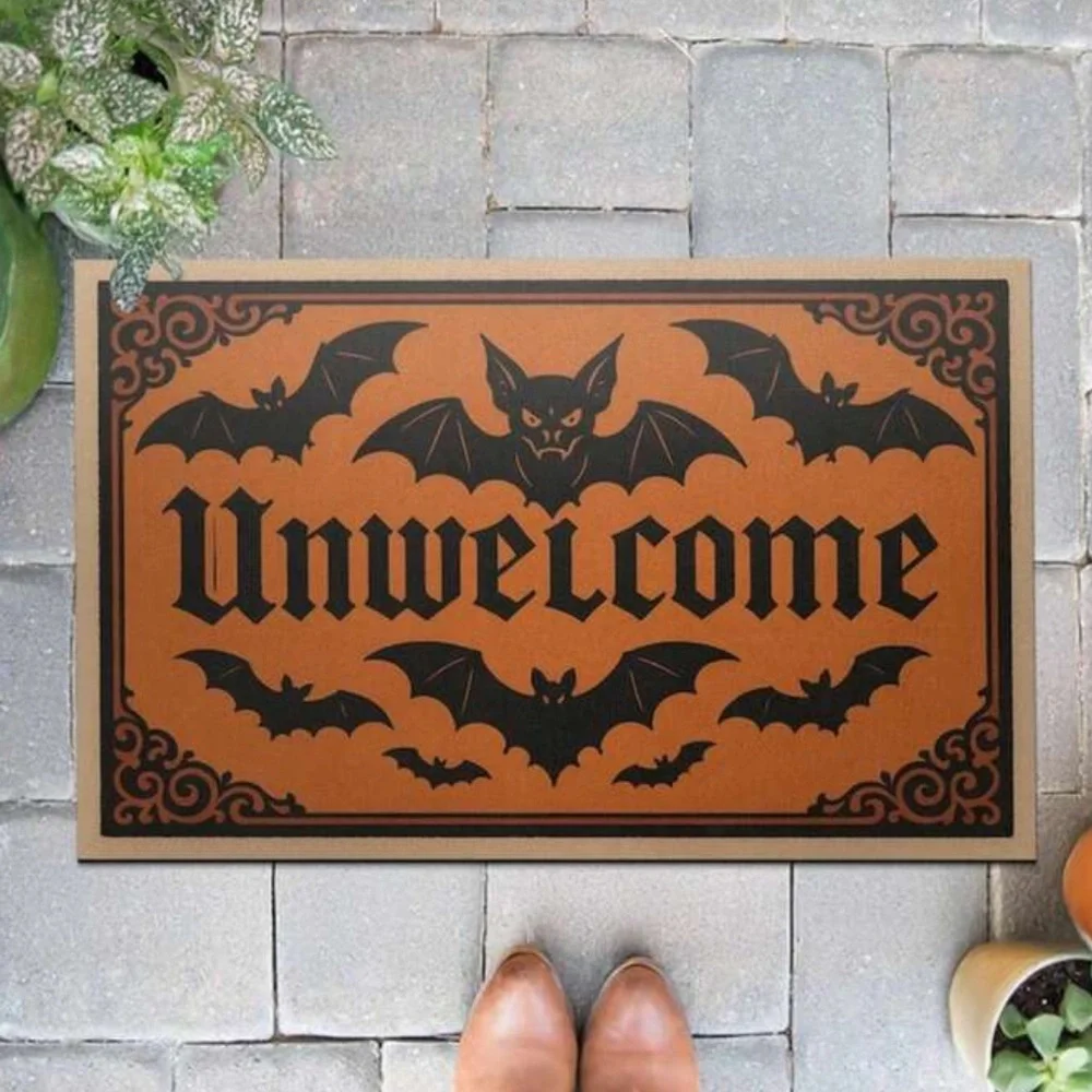 Halloween 'Unwelcome' Bat Doormat - Orange and Black